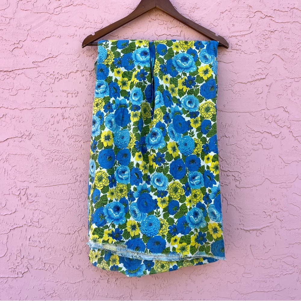 Vintage Floral Fabric Piece Blue Green Yellow 70s